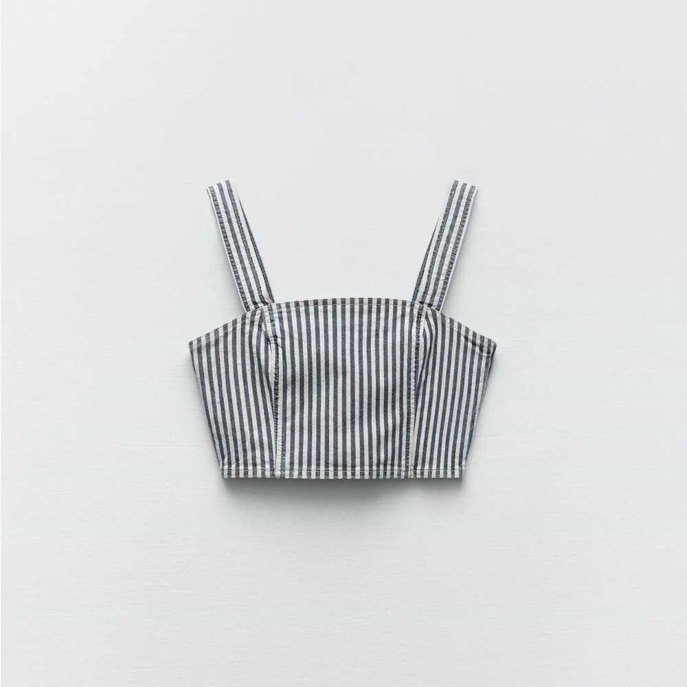 NWT• ZARA• Women’s Denim Stripe Crop Top Size Medium